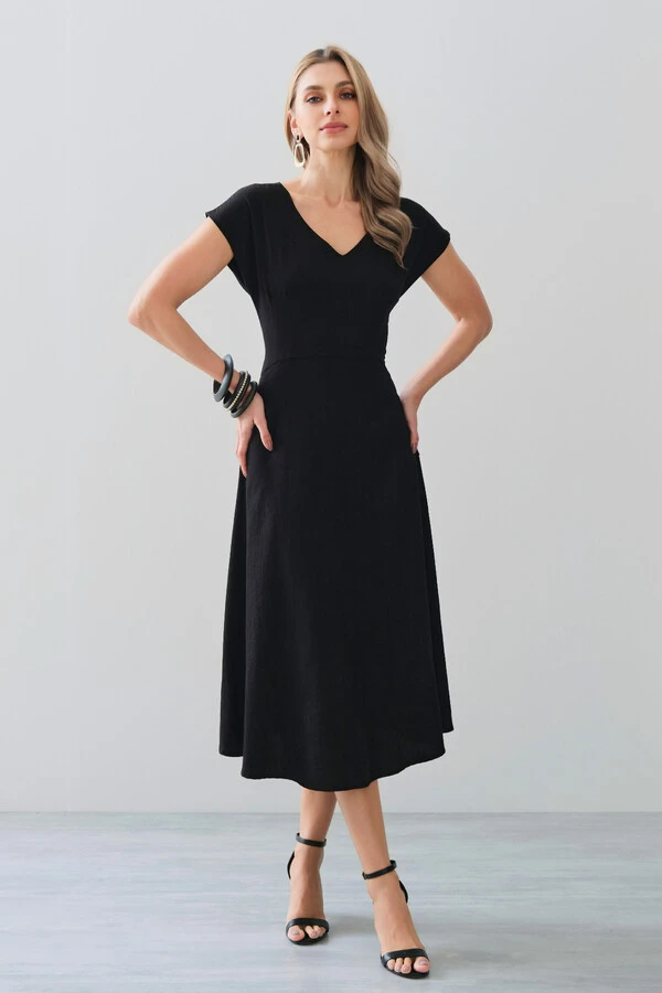 Vestido Midi Evasê Manga Morcego Decote V