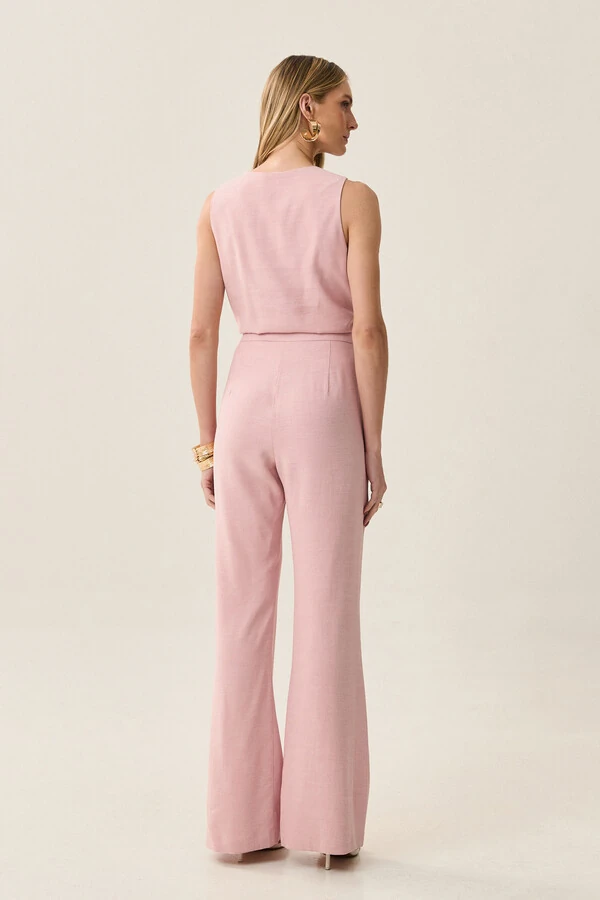 Conjunto de Blusa Regata Decote V Recortes e Calça Flare Botão Forrado