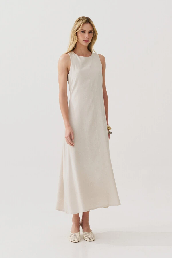 Vestido Midi Regata de Linho Recorte