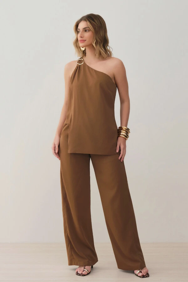 Conjunto de Blusa Regata Dupla Assimétrica Um Ombro Só Gold e Calça Pantalona Elástico
