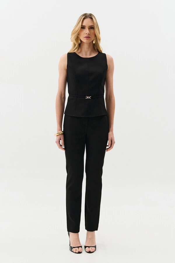 Conjunto de Alfaiataria de Blusa Regata Recorte Cinto Gold e Calça Reta