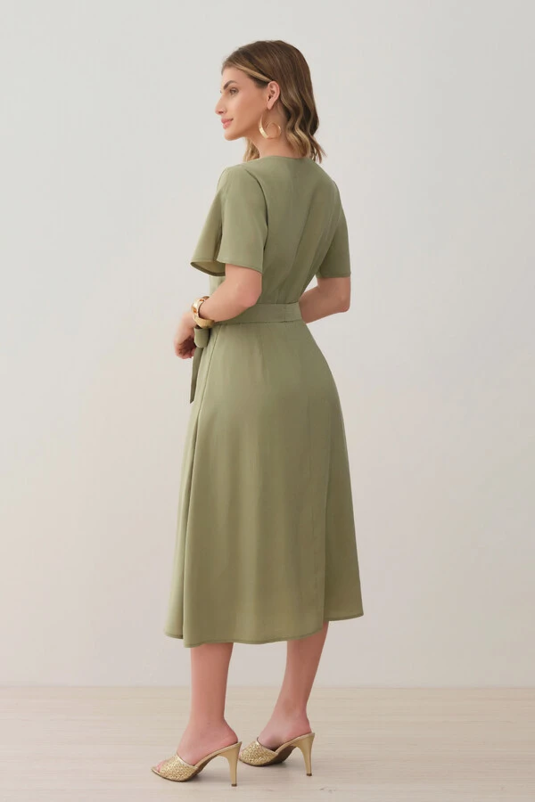 Vestido Midi Evasê Manga Abertura Decote V Cinto