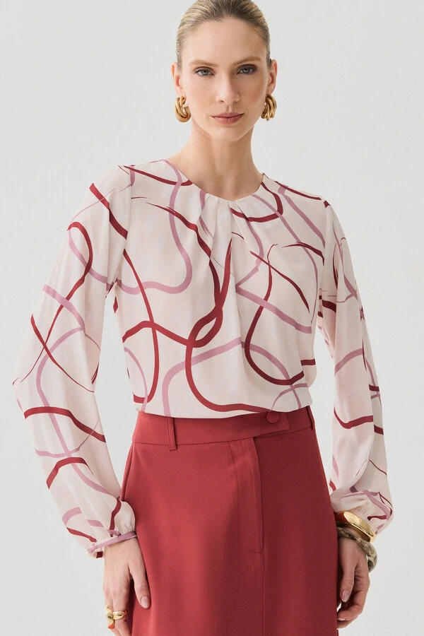 Blusa Abstrata Manga Longa Decote Pregas
