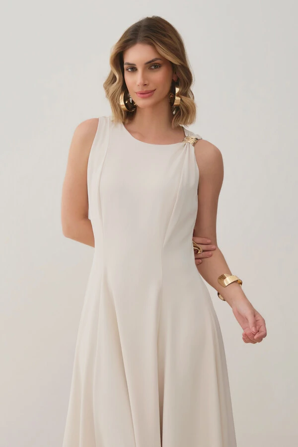 Vestido Midi Evasê Regata Assimétrico Pregas Ombro Esquerdo Gold