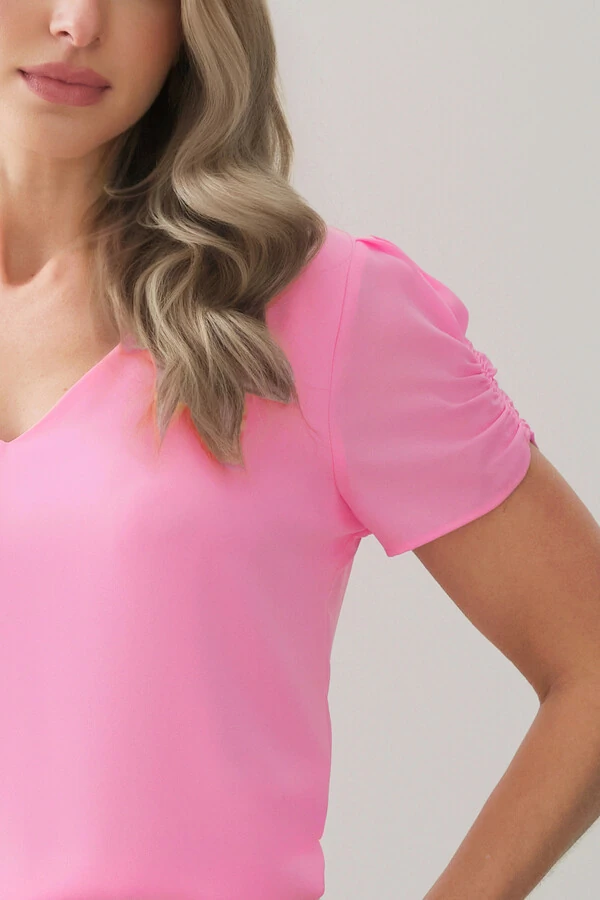 Blusa Manga Franzida Elástico Decote V