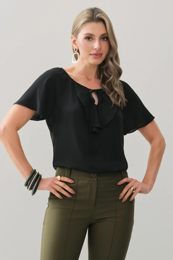 Blusa Manga Raglan Decote Babado Laço