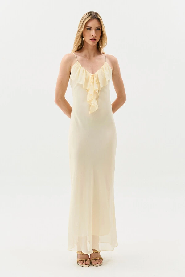 Vestido Longo de Alcinha de Chiffon Yoryu Decote V Babado Laço