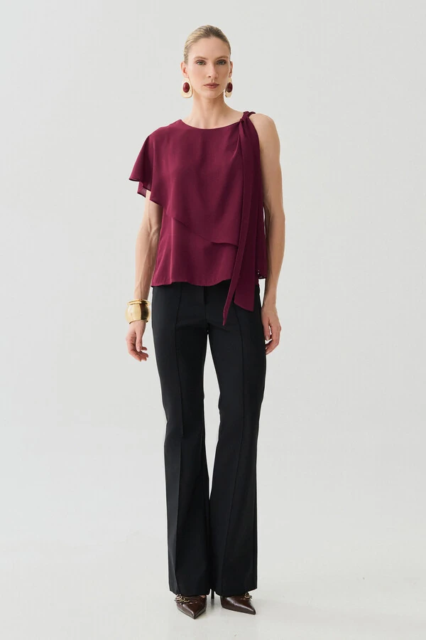 Blusa Assimétrica Dupla Transpassada Um Ombro Só Laço