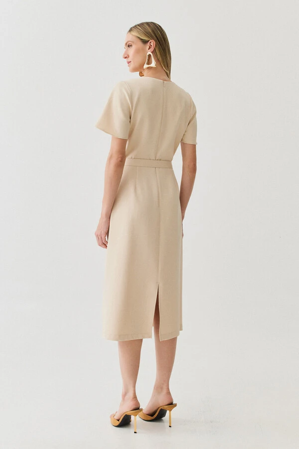 Vestsido Midi Decote V Cinto Fivela Gold