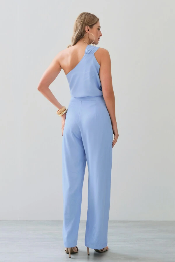 Conjunto de Blusa Regata Assimétrica Um Ombro Só Torcido e Calça Reta