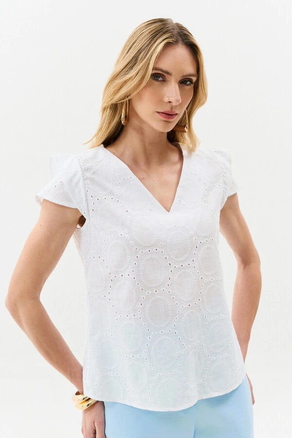 Blusa de Laise de Algodão Manga Tulipa Decote V