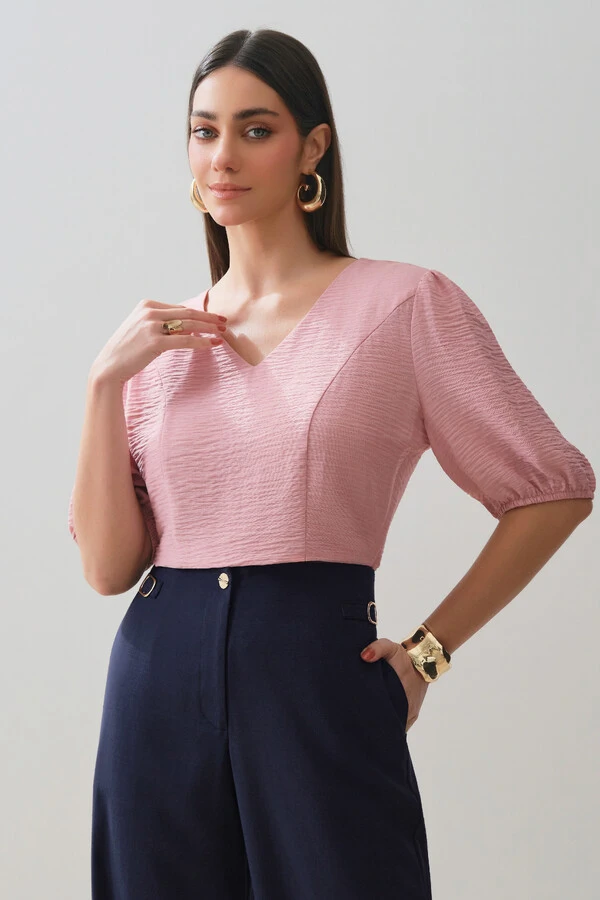 Blusa Manga Elástico Decote V Recortes