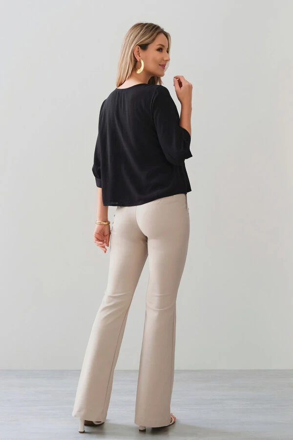 Blusa Manga 3/4 Punho Decote V Laço Recorte Busto