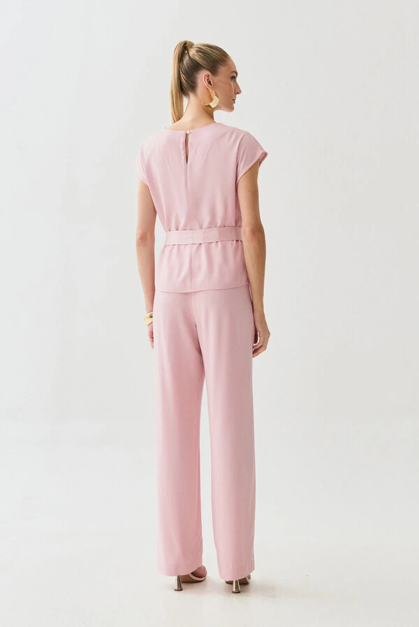 Conjunto de Blusa Manga Morcego Cinto e Calça Reta