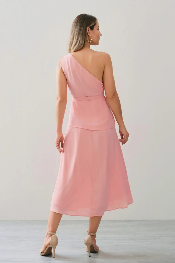 Conjunto de Blusa Regata Assimétrica Um Ombro Só Prega Cinto e Saia Midi