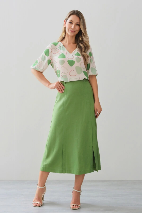 Blusa Abstrata Triângulo Manga 3/4 Elástico Decote V