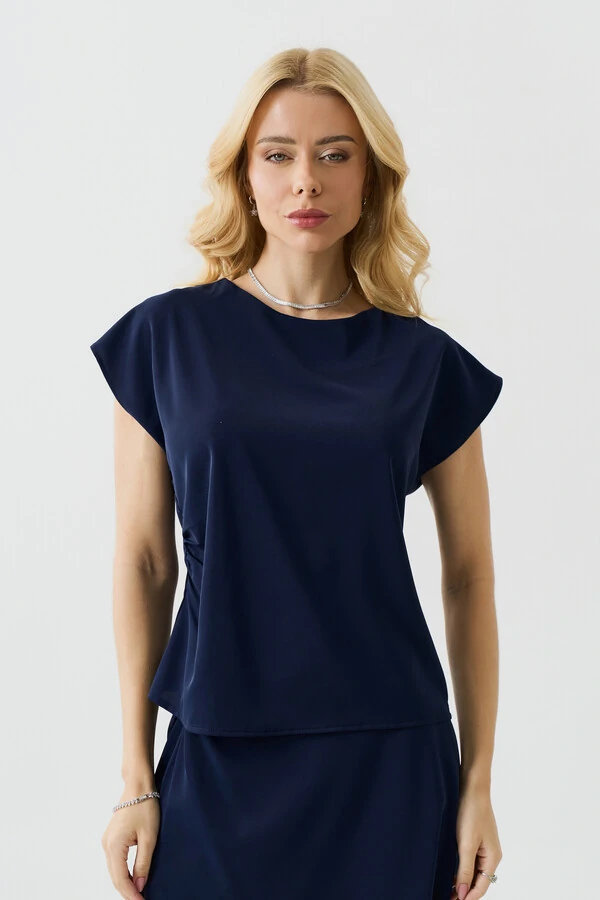 Conjunto Assimétrico de Blusa Manga Morcego Pregas Drapeada Saia Midi Evasê Drapeada