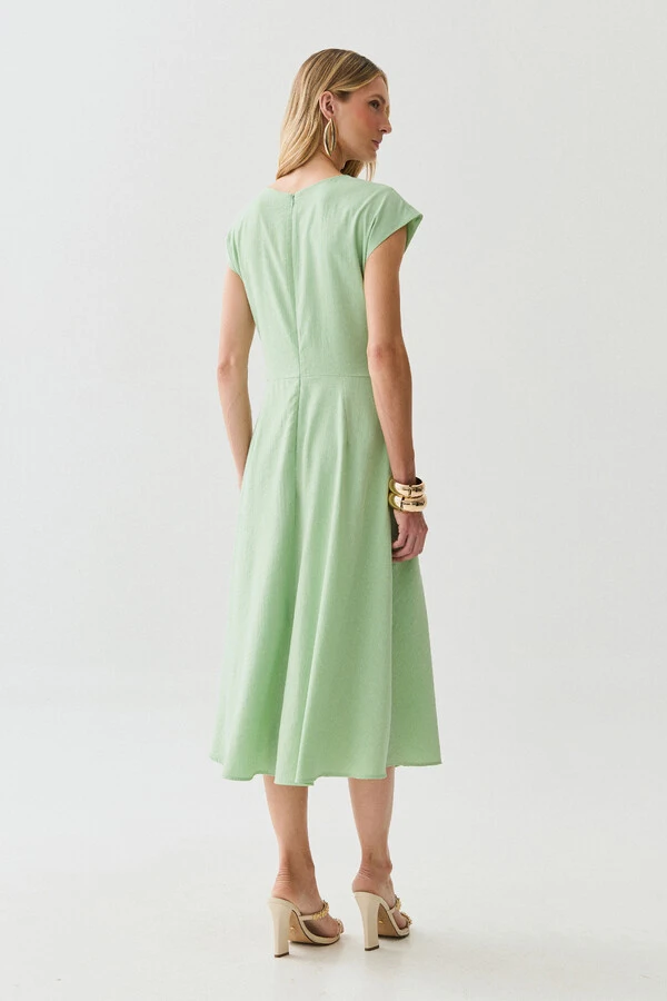 Vestido Midi Evasê Manga Morcego Decote V