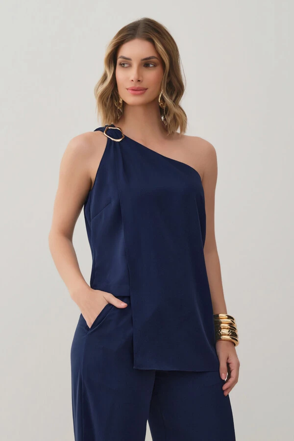 Conjunto de Blusa Regata Dupla Assimétrica Um Ombro Só Gold e Calça Pantalona Elástico