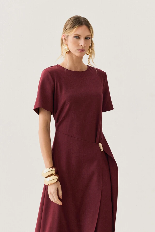 Vestido Midi de Alfaiataria Assimétrico Transpassado Pregas Gold