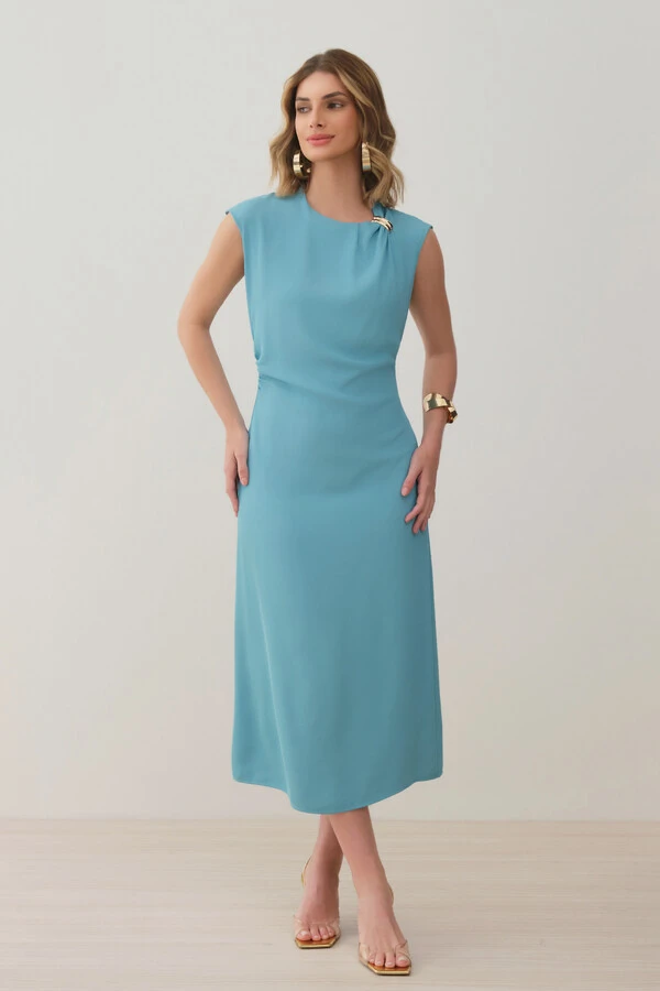 Vestido Midi Regata Assimétrica Decote Pregas Gold