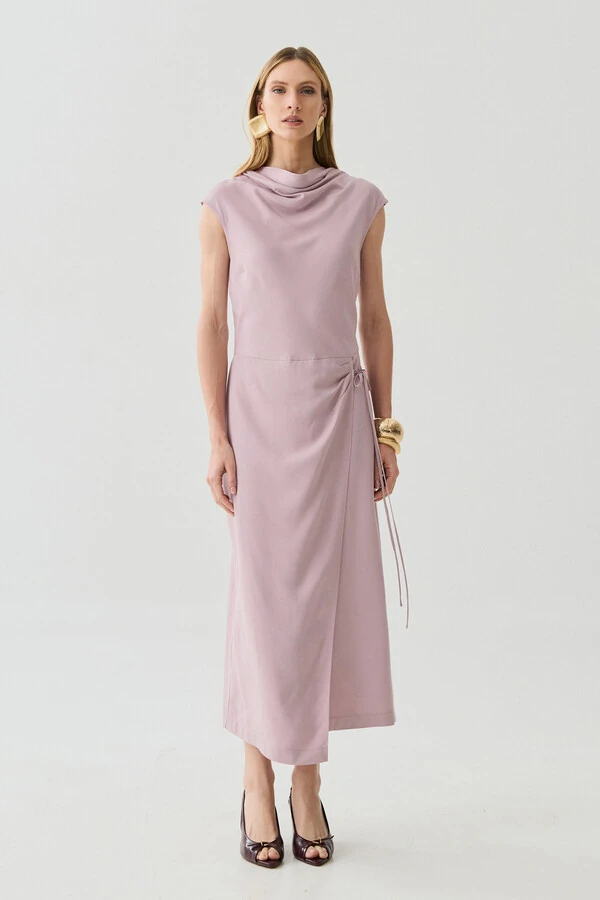 Vestido Midi Regata Transpassado Gola Drapeada Laço Lateral Drapeada