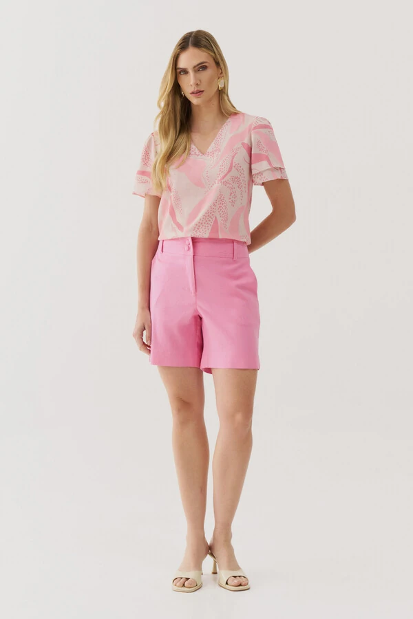 Blusa Folhagem Manga Dupla Decote V