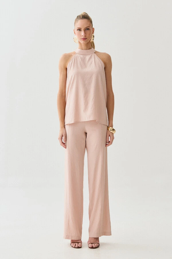 Conjunto de Blusa Regata Frente Única Faixa e Pantalona Nervura