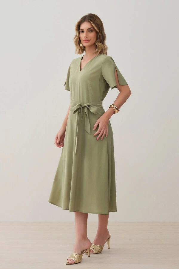 Vestido Midi Evasê Manga Abertura Decote V Cinto