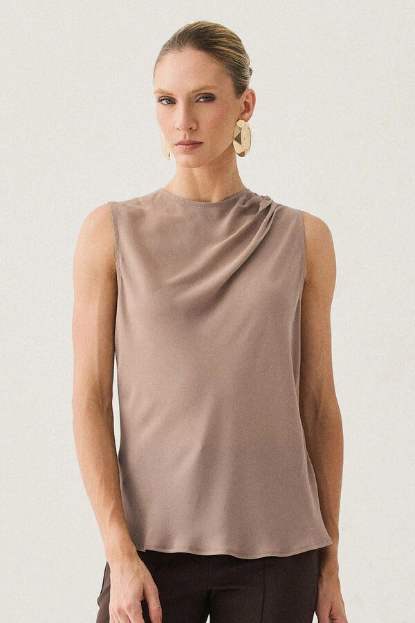 Blusa Regata Assimétrica Ombro Esquero Drapeado Pregas