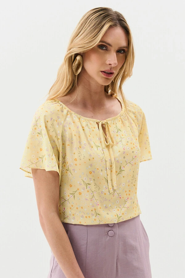 Blusa Floral Manga Raglan Decote Laço