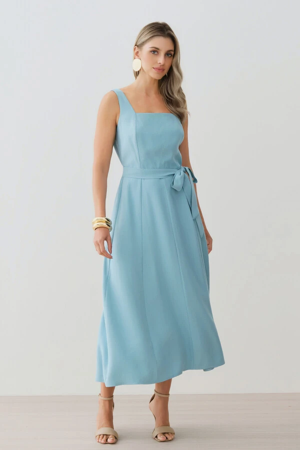 Vestido Midi de Alça Larga de Alfaitaria Decote Quadrado Recortes Cinto