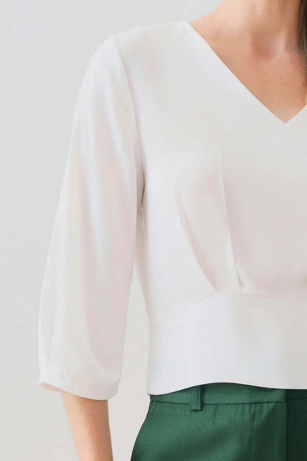 Blusa Crop Manga 3/4 Decote V Cintura Pregas Double