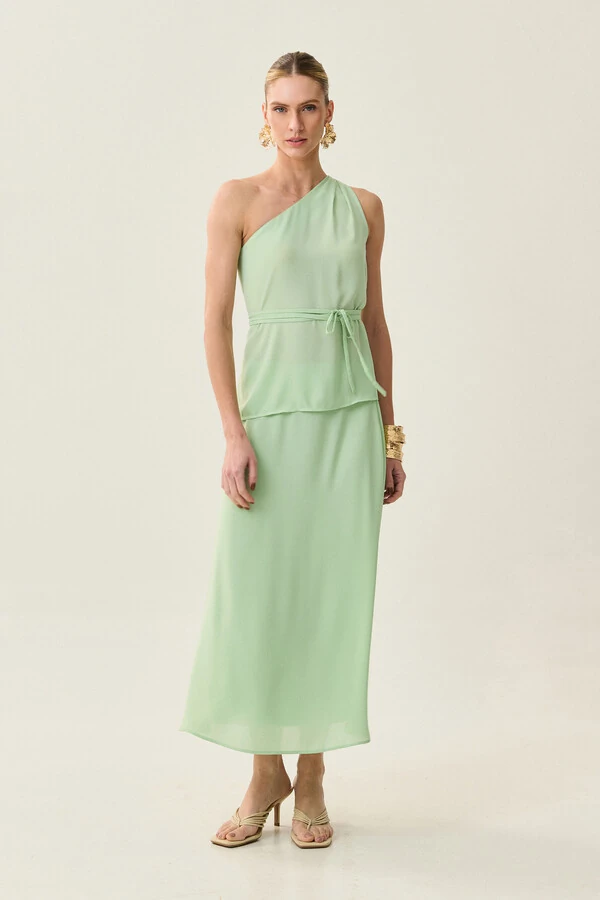 Conjunto de Blusa Regata Assimétrica Um Ombro Só Prega Cinto e Saia Midi