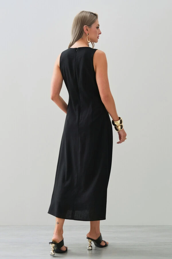 Vestido Midi Regata de Linho Recorte