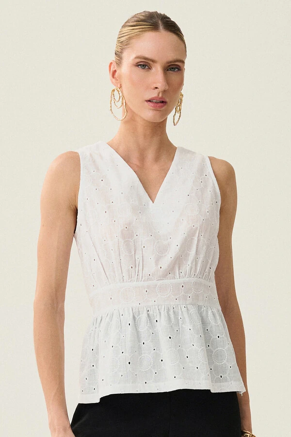 Regata de Laise de Algodão Acinturada Recorte Decote V