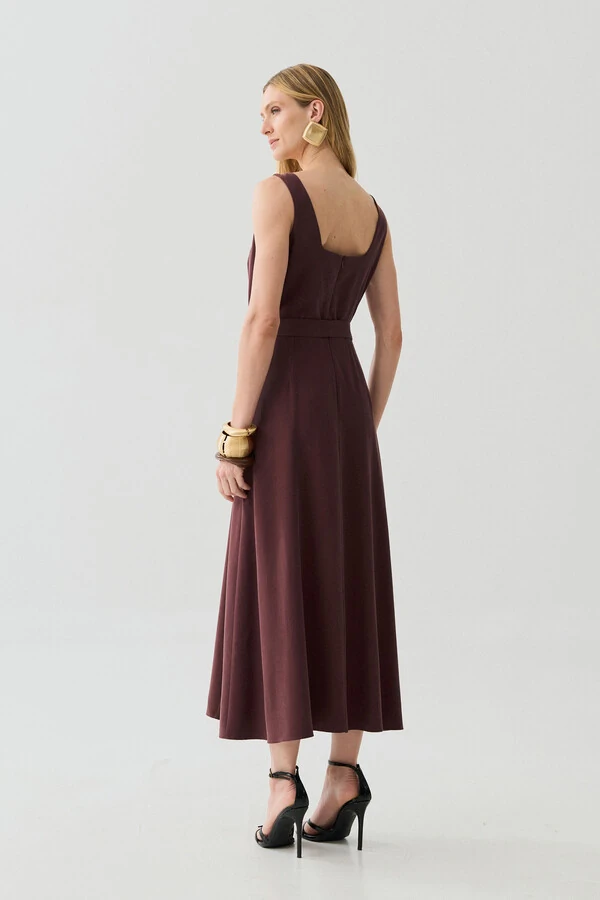 Vestido Midi de Alça Larga de Alfaitaria Decote Quadrado Recortes Cinto