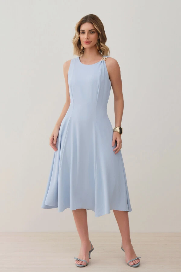 Vestido Midi Evasê Regata Assimétrico Pregas Ombro Esquerdo Gold