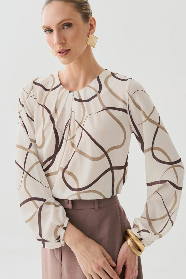 Blusa Abstrata Manga Longa Decote Pregas