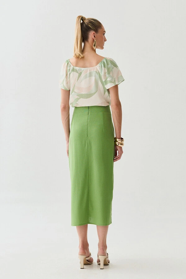 Blusa Abstrata Manga Raglan Decote Coração Ombro Elástico