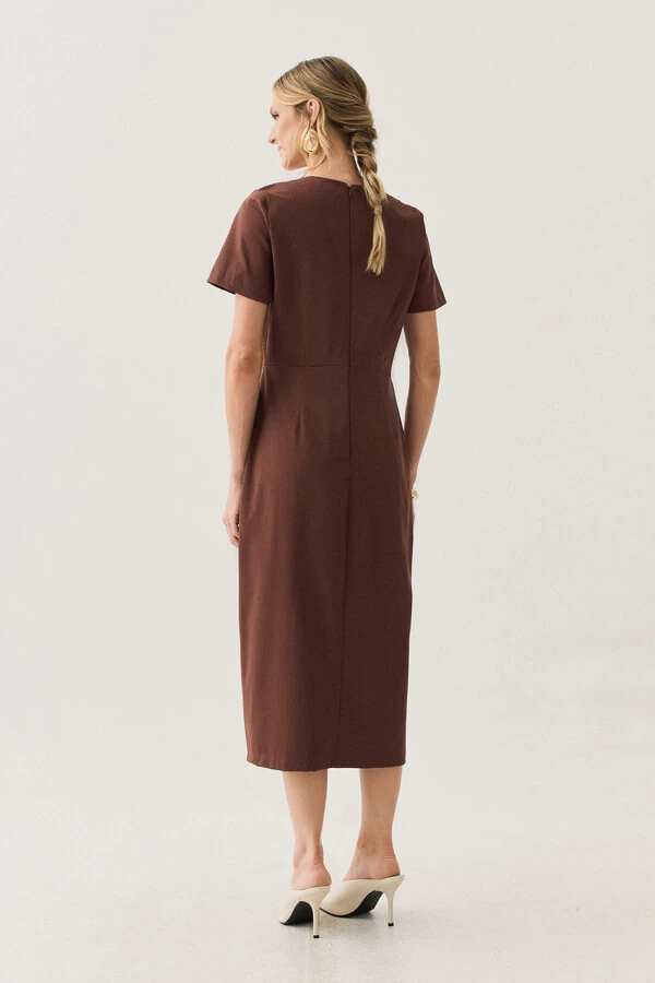 Vestido Midi Assimétrico Cintura Prega