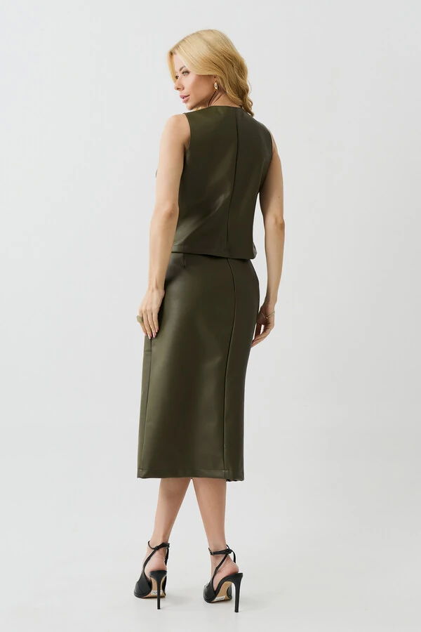 Conjunto de Couro de Regata Crop Recorte e Saia Midi Recorte Fenda Lateral