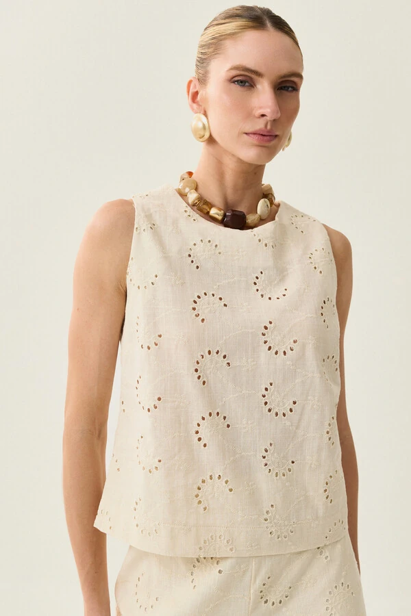 Conjunto de Laise de Algodão de Blusa regata Crop e Calça Reta