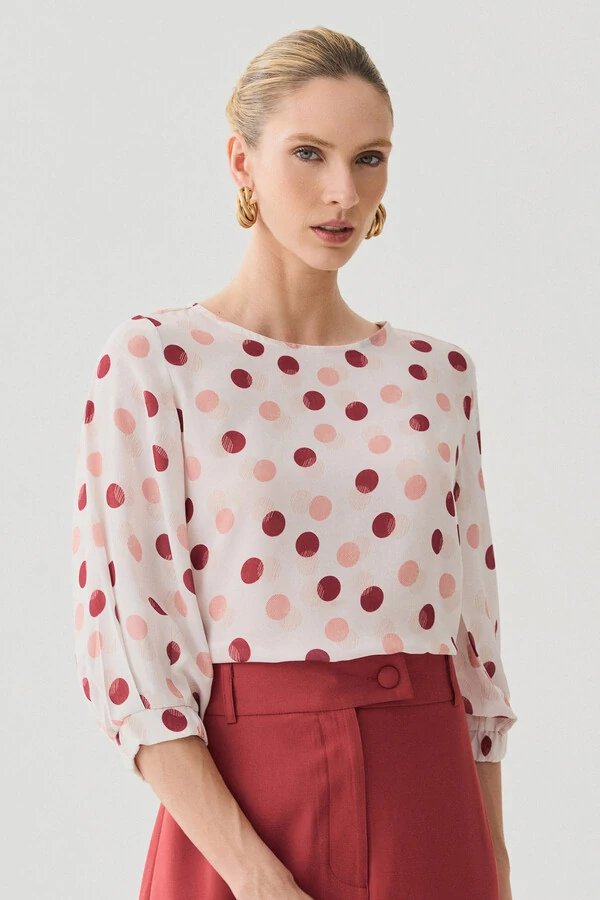 Blusa Poa Manga 3/4 Elástico Pregas