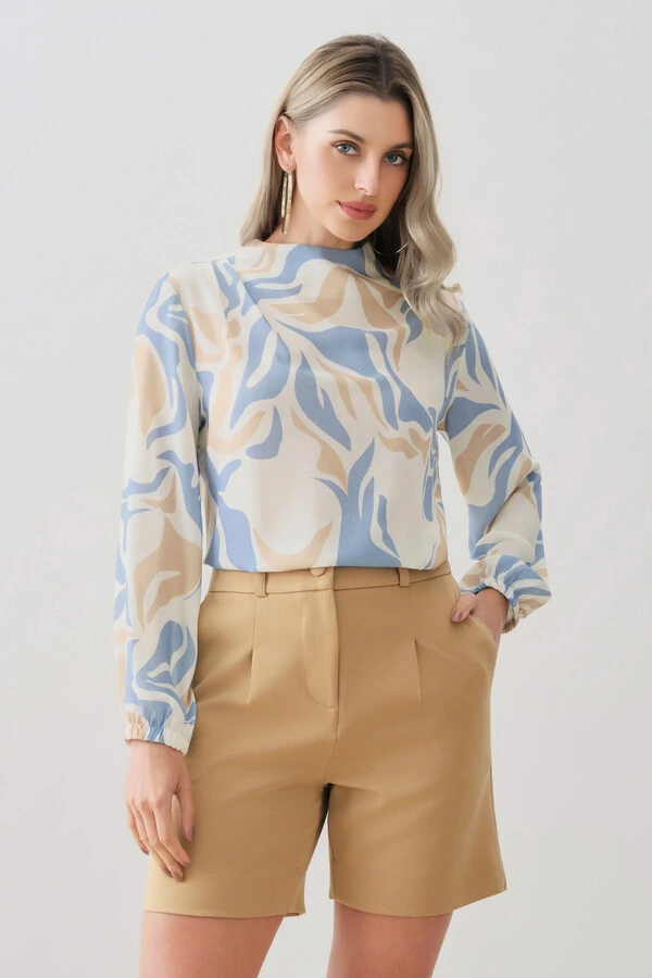 Blusa Assimétrica Abstrata Manga Longa Punho Double Gola Careca Baixa Ombro Direito Pregas Double