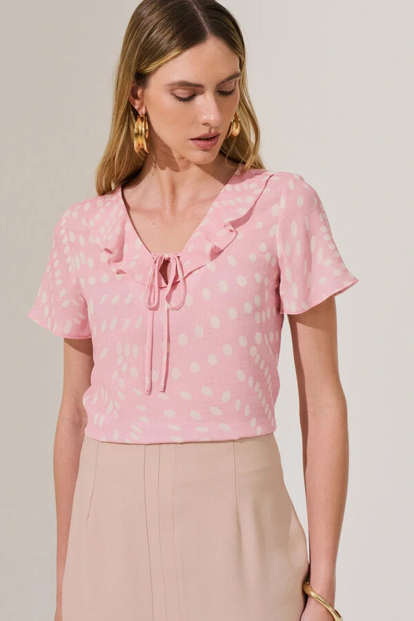 Blusa Poa Decote V Babado Laço
