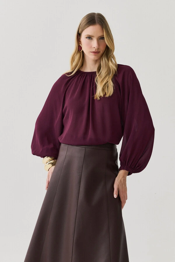 Blusa Assimétrica de Chiffon Yoryu Manga Longa Raglan Ampla Elástico Decote Franzido