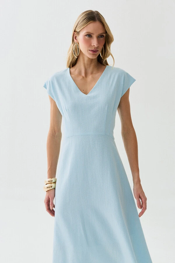 Vestido Midi Evasê Manga Morcego Decote V