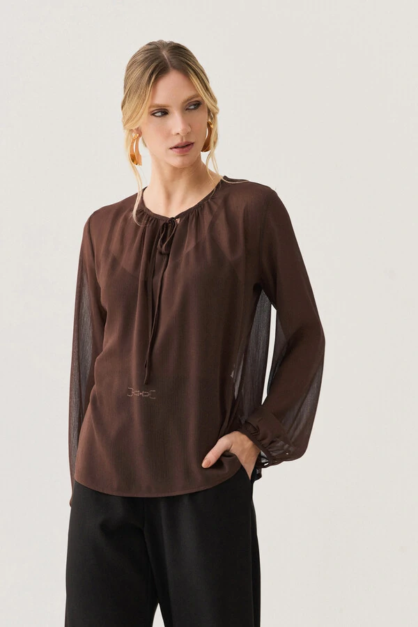 Blusa de Chiffon Yoryu Manga Longa Decote Gota Laço