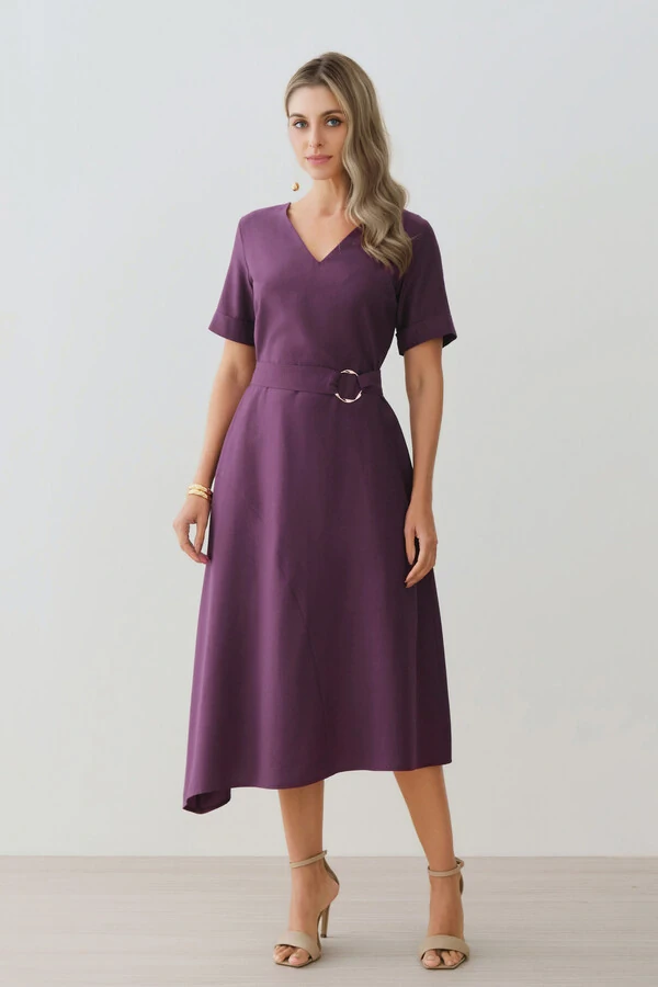 Vestido Midi Evasê Assimétrico Decote V Cinto Gold